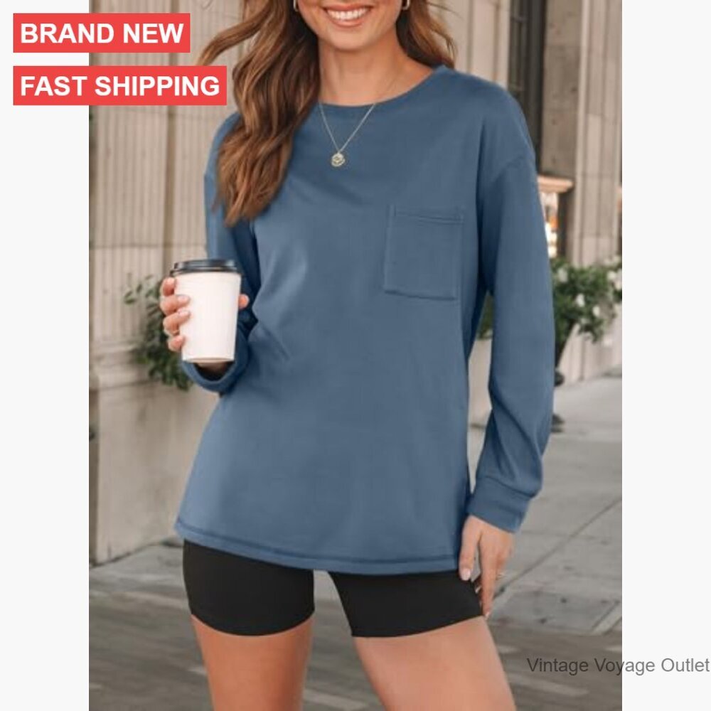Oversized Long Sleeve Crewneck Sweatshirt, Polyester Spandex Blend, Fall Winter - Picture 2 of 5